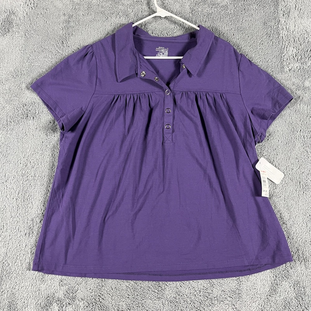 Great Northwest Polo Top Womens 2X Purple Gathered Front Short Sleeve Popover